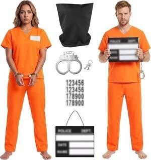 6PCS Adult Orange Prisoner Costume Set Men Women Halloween Inmate Cosplay